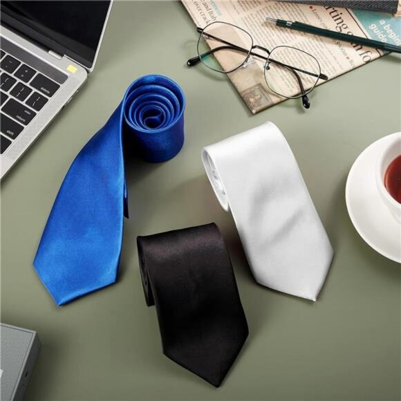 mens satin necktie set solid color ties formal wedding business office accessori - Picture 4 of 8
